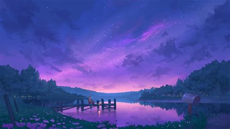 4k Night Lake Blue Purple Stars Starred Sky Dock Artwork Calm