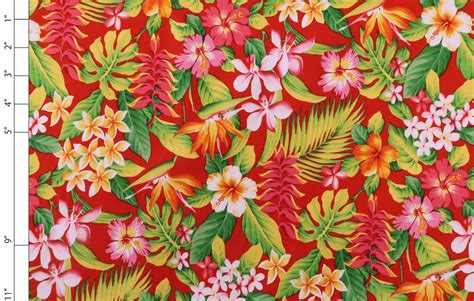 Small Floral Print Cotton Fabric Red Hibiscus Hawaiian Flowers