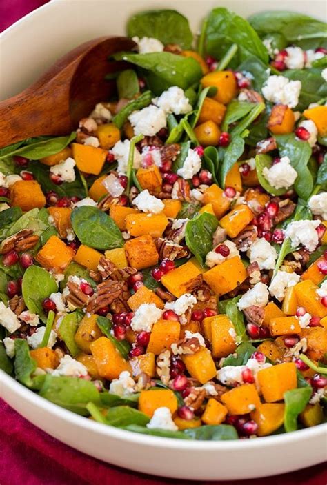 Butternut Squash Pomegranate And Goat Cheese Spinach Salad With Red