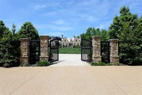 Double Stone Pillars Gate And Privacy Landscaping House Front Gate