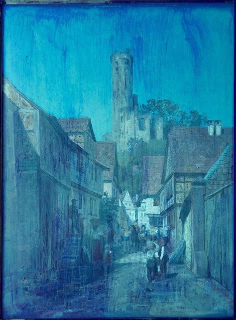 German 19th Century Antique Painting Of Village Street Scene By Robert