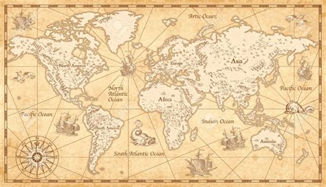 Great Detail Illustration Of The World Map In Vintage Style On Old