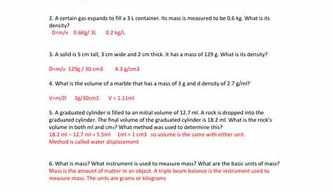 Chemistry Unit 1 Worksheet 3 Mass Volume And Density Answers