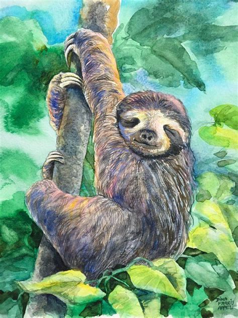 Sloth Watercolor Painting Sloth Art Cute Sloth Painting Colorful