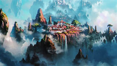 av36-cloud-town-fantasy-anime-liang-xing-illustration-art-green-wallpaper