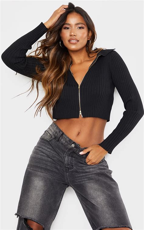 Black Double Zipped Knitted Crop Top Prettylittlething