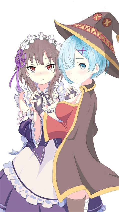 Download Wallpaper 750x1334 Megumin And Rem Anime Girls Crossover