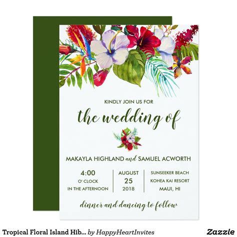 Tropical Floral Island Hibiscus Green Wedding Invitation Photo