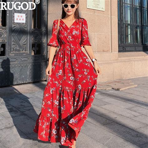 Rugod Women Spring Summer Dresses Fashion Floral Print Long Red Dress