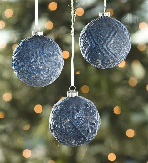 Textured Frost Midnight Blue Glass Ornaments Set Of 3 Decorating The