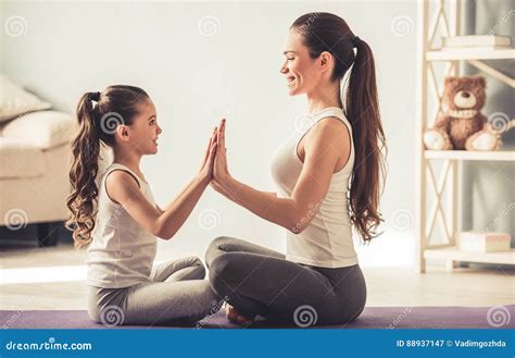 Mom And Daughter Doing Yoga Stock Image Image Of Health Happy 88937147