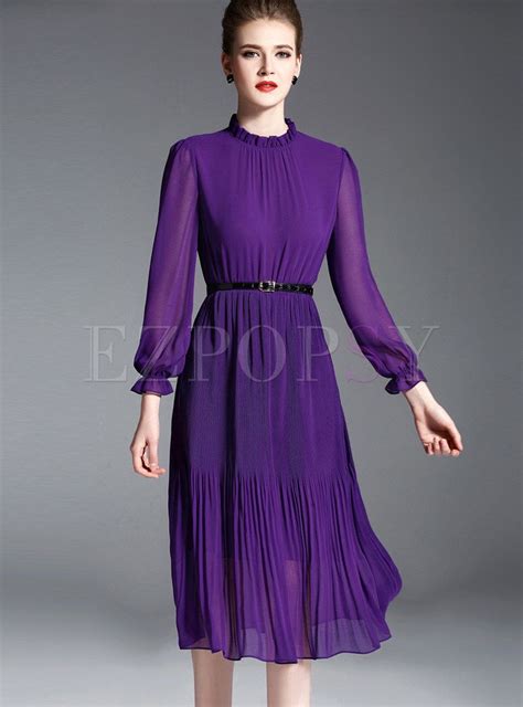 Elegant Chiffon Stand Collar Long Sleeve Purple Pleated Skater Dress