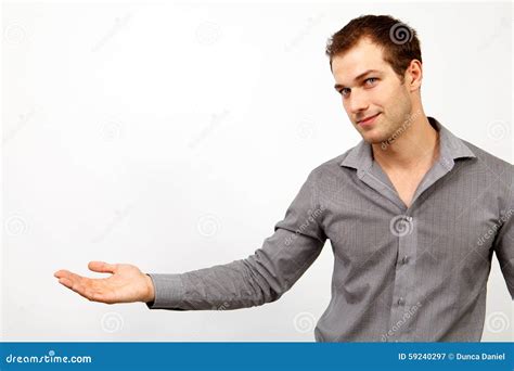 Advertise Concept Man Showing Or Holding Something Stock Photo