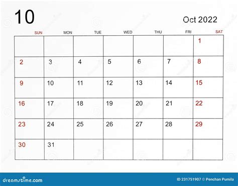 Plantilla De Calendario De Octubre De 2022 Stock De Ilustración