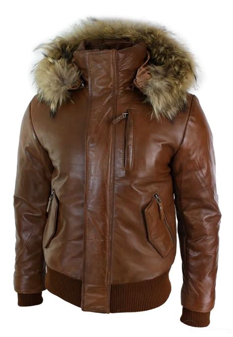 Mens real fur hood bomber leather jacket black puffer padded-tan: buy