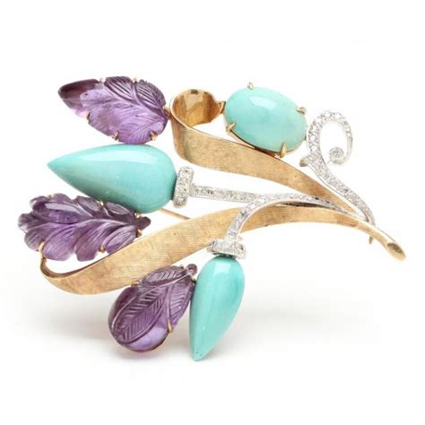 Kt Turquoise Amethyst And Diamond Brooch Lot The Spring