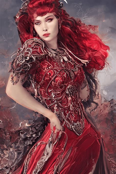 Beautiful War Goddess In An Intricate Victorian Red Dress Fantasy