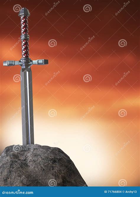 Sword Excalibur King Arthur Stuck In The Rock Stone Isolated Render