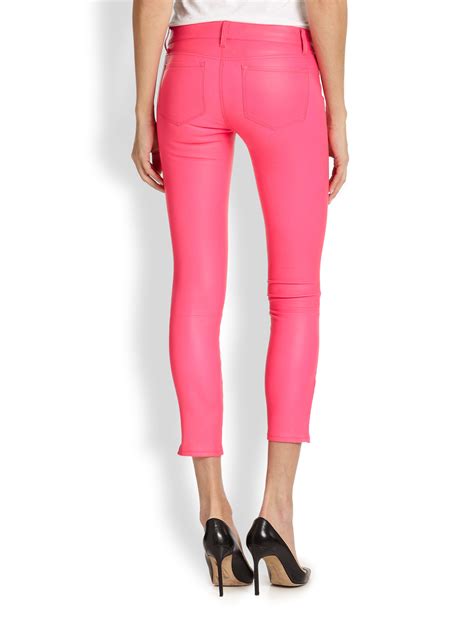 J Brand Leather Cropped Skinny Jeans In Pink Lyst