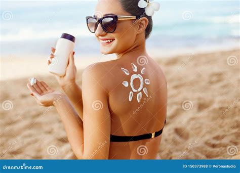 Woman Apply Sun Cream On Tanned Back Skin And Body Care Sun Protection Stock Photo Image Of