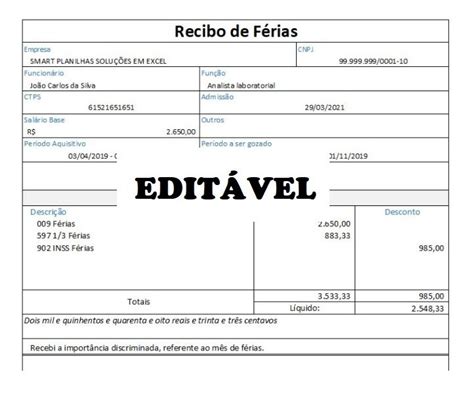 Modelo Recibo De Férias Editável No Excel Parcelamento sem juros