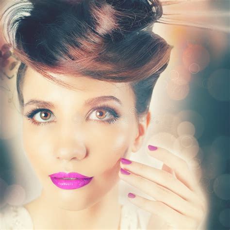 Beautiful Fashion Girl Face Fancy Hairstyle Colorful Nail Polish Stock