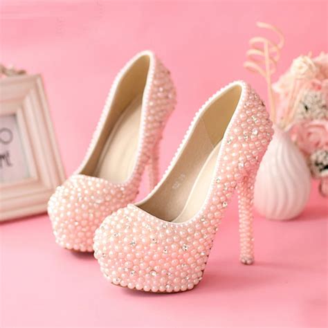 Sweetness Pink 5 5inches Pearls High Heel Bridal Shoes Dazzing Wedding
