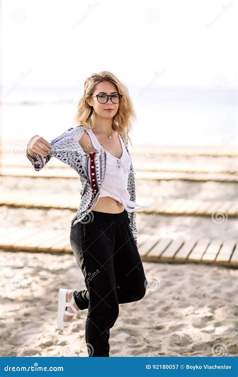 Blonde Girl On The Beach Of The Sandy Beach By The Sea Stock Image Image Of Lovely Girl 92180057