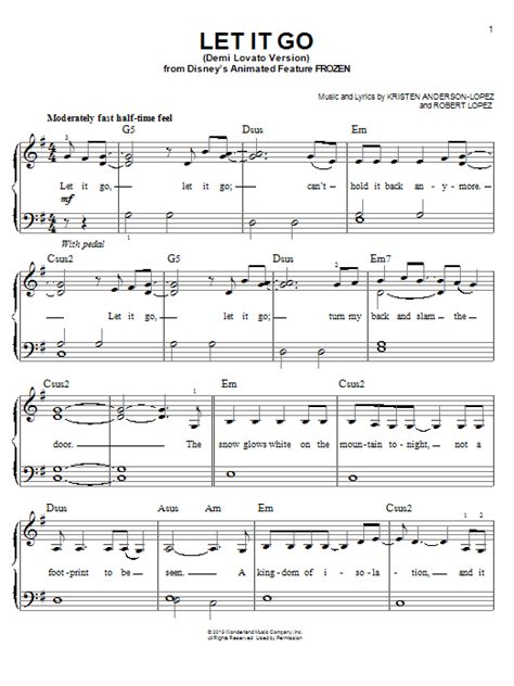 Download and print into the unknown (from disney's frozen 2) sheet music for easy piano by idina menzel and aurora from sheet music. Let It Go (from Frozen) (Demi Lovato version) sheet music by Demi Lovato (Easy Piano - 153403)