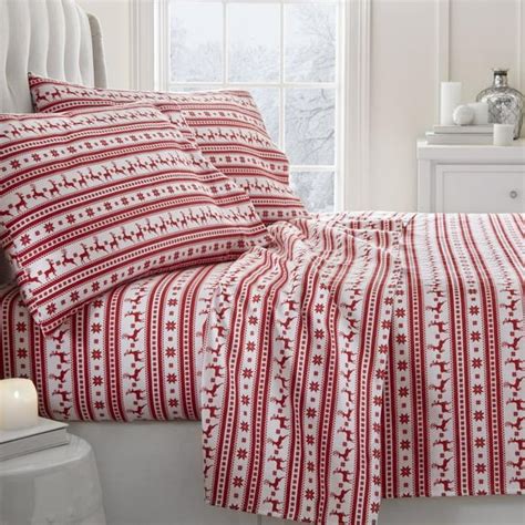 Noble Linens Premium Reindeer Print 4 Piece Flannel Bed Sheet Set