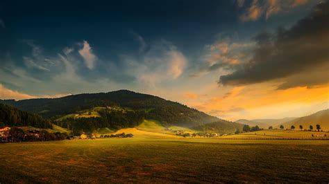 Wallpaper Countryside Mountain Forest Houses Farmland Sunset