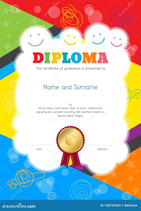Kids Diploma Or Certificate Template With Colorful And Hand Draw Stock