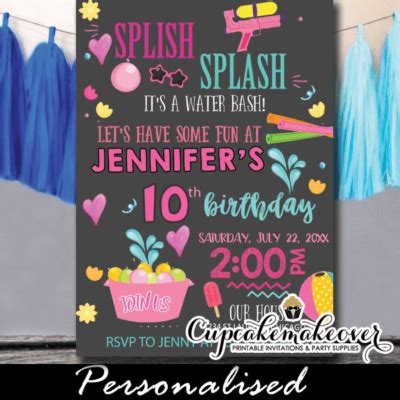 Splish Splash Birthday Invitations Girls Chalkboard Pool Party Cupcakemakeover