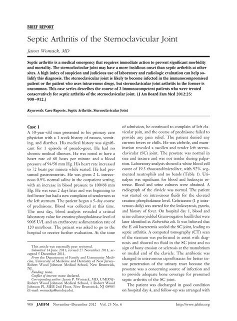 PDF BRIEF REPORT Septic Arthritis Of The Sternoclavicular Jabfm Org Content Full