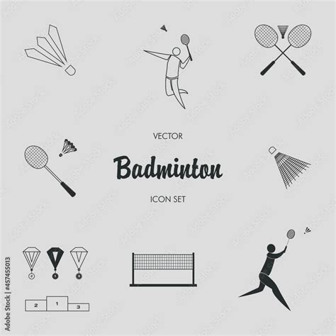 Badminton Icon Set With Badminton Players Rackets Shuttlecocks Net Medals Elements For