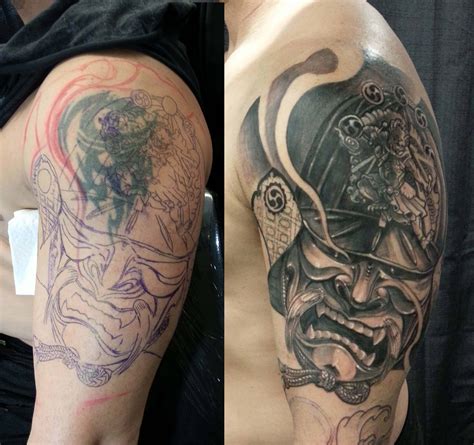The 70 tattoo cover up ideas for men | improb. Half sleeve black and grey Samurai Helmet cover up tattoo - Chronic Ink