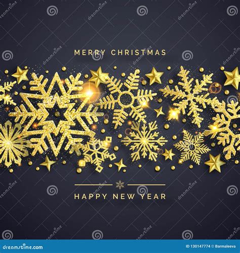 Christmas Background With Shining Golden Snowflakes Balls And Stars