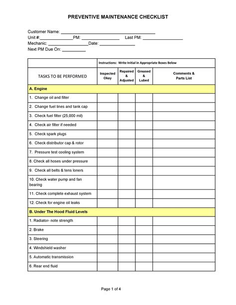 Free Car Service Checklist Template Printable Templates