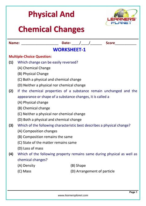 Chemistry Physical And Chemical Changes Worksheet