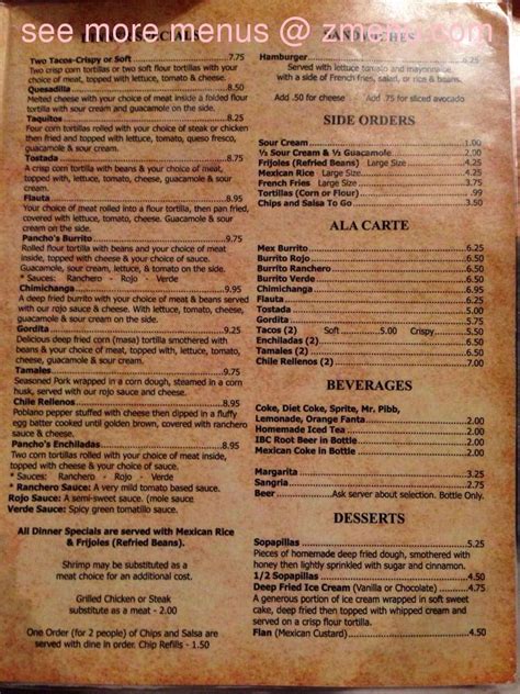 Prices may change without notice. Online Menu of Panchos Villa Mexican Restaurant Restaurant, San Antonio, Florida, 33576 - Zmenu