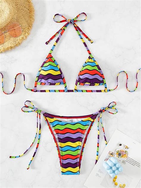 Wave Print Halter Micro Triangle Bikini Swimsuit Shein Usa