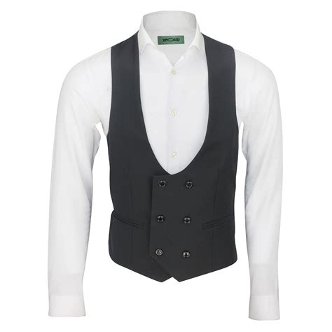 Mens Double Breasted Low U Cut Formal Suit Waistcoat Fitted Smart
