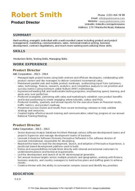 The description of each job executives can use more than one page on their resume to present their extensive work experience. Product Director Resume Samples | QwikResume