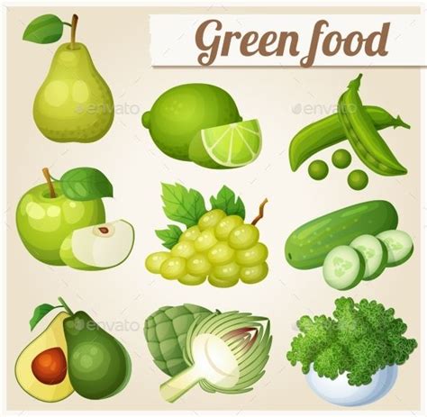 Set Of Cartoon Food Icons Green Food Pear Lime Greens Recipe Food