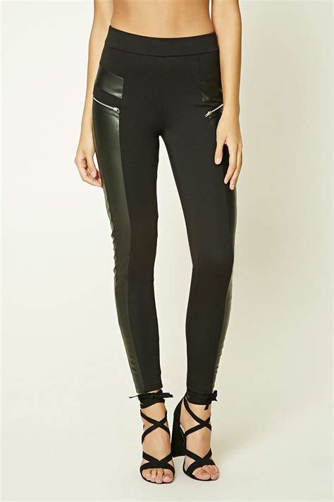 Forever Contemporary A Pair Of Knit Leggings Featuring Faux Leather Panels Front Zipper