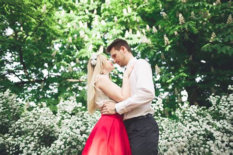 Bergaya Cantik Bahagia Pasangan Pernikahan Berciuman Dan Merangkul Di