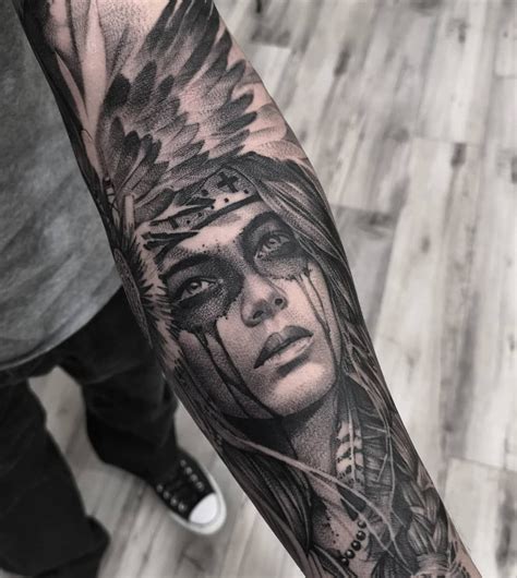 Native American Woman Tattoo In Black And Grey On The Sleeve Made