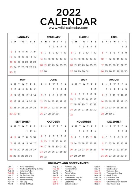 2022 Calendar With All Holidays Printable