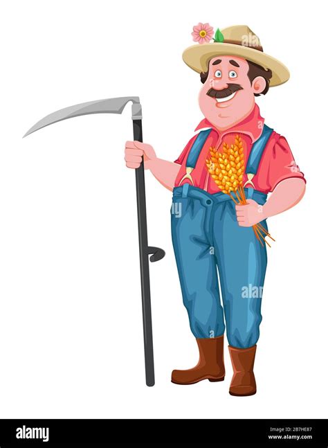 Farmer Cartoon Character Cheerful Farmer Holding Scythe Stock Vector