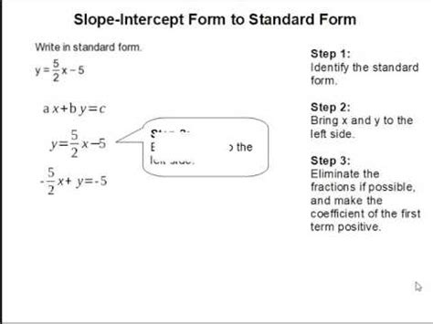 What are the x and y intercepts of y? How to put slope intercept form into standard form ...